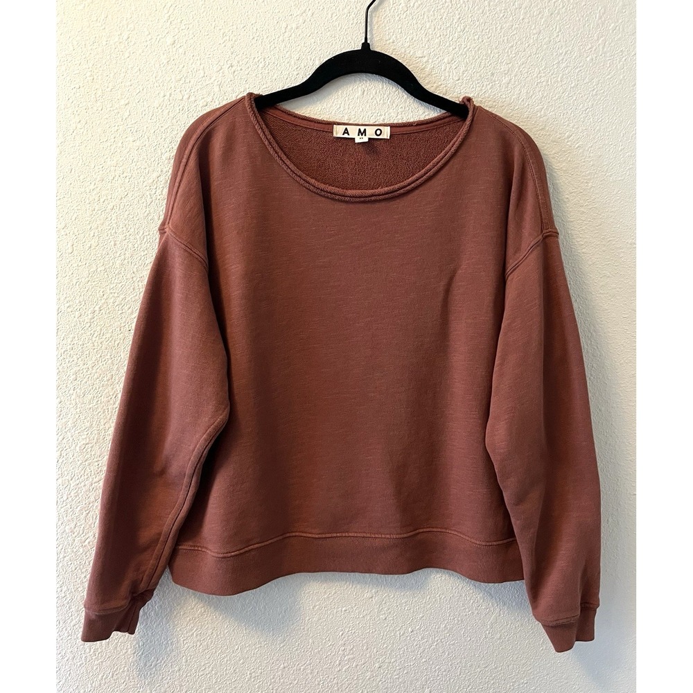 AMO Womens Sweatshirt Pullover Size XS Rust Colored Boxy Rolled Neckline Flaw